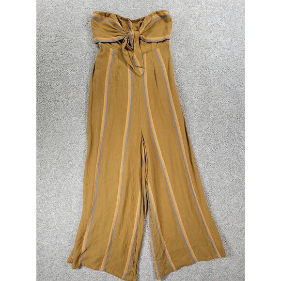 O'Neill Lahaloo Striped Jumpsuit Womens S Gold Strapless Smocked Bandeau Boho - Picture 7 of 12